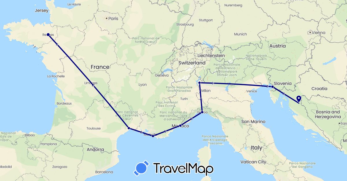 TravelMap itinerary: driving in France, Croatia, Italy, Monaco (Europe)
